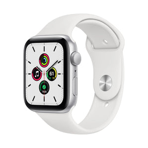 Refurbished Apple Watch SE 2020, 40mm silver aluminium case, white sport band.