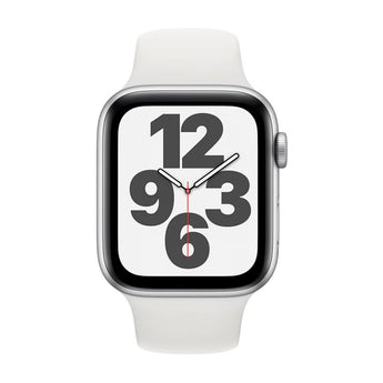 Refurbished Apple Watch SE 2020 with 40mm silver aluminum case and white sport band.