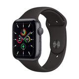 Refurbished Apple Watch SE 2020 with 40mm Space Gray Aluminium Case and Black Sport Band.
