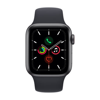 Refurbished Apple Watch SE 2020 with 40mm Space Gray Aluminium Case and Black Sport Band.