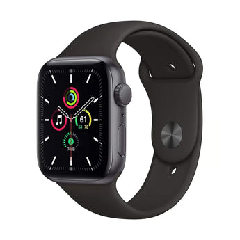Refurbished Apple Watch SE (2020) 44mm Space Gray Aluminium with Black Sport Band.
