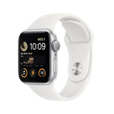 Refurbished Apple Watch SE 2022 with 40mm Silver Aluminium case and White Sport Band.