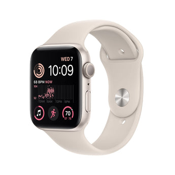 Refurbished Apple Watch SE 2022 with 40mm Starlight Aluminium case and white sport band.