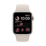 Refurbished Apple Watch SE 2022 with 40mm Starlight Aluminium Case and White Sport Band.