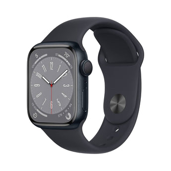 Refurbished Apple Watch Series 8 with 41mm midnight aluminum case and black sport band.