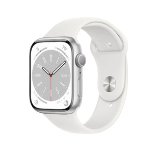 Refurbished Apple Watch Series 8, 41mm silver aluminium case with white sport band.