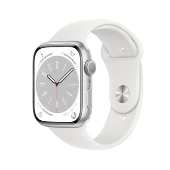Refurbished Apple Watch Series 8, 41mm silver aluminium case with white sport band.