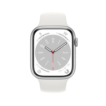 Refurbished Apple Watch Series 8 in silver aluminum with white sport band, 41mm case.