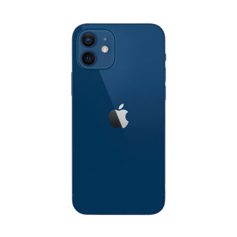 Refurbished iPhone 12 mini in blue with 12MP camera, compact design, and Loop's 75-point quality check.