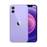 Refurbished iPhone 12 mini in purple, compact design with 12MP camera, 75-point quality check.
