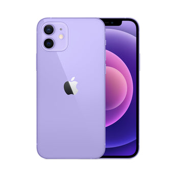 Refurbished iPhone 12 mini in purple, compact design with 12MP camera, 75-point quality check.