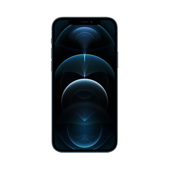 Refurbished iPhone 12 Pro Max in Pacific Blue with Super Retina XDR display.