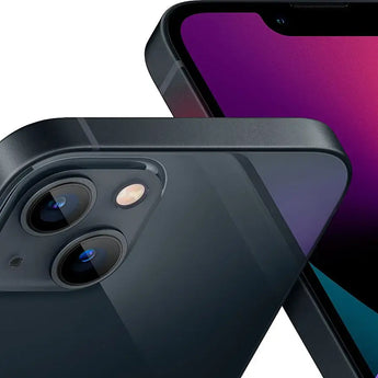 Refurbished iPhone 13 Midnight showing HDR camera and Super Retina XDR display.