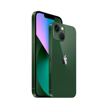 Refurbished iPhone 13 Mini in green showing compact design and vibrant Super Retina XDR display.