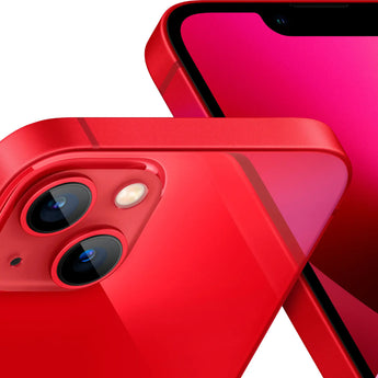 Refurbished iPhone 13 mini in PRODUCT(RED) with 12MP camera system and compact design.