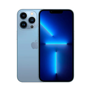 Refurbished iPhone 13 Pro Max in Sierra Blue with A15 Bionic chip and ProRAW camera.