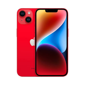 Refurbished iPhone 14 in Product Red with dual-camera and A15 Bionic Chip.