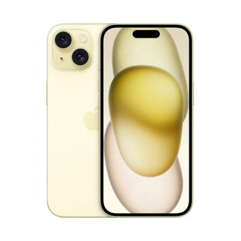 Refurbished iPhone 15 Plus Yellow with 6.7" display and 48MP dual-camera system.