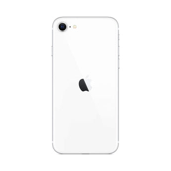 Refurbished iPhone SE (2020) in white, compact design with 75-point quality assurance.