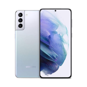 Refurbished Samsung Galaxy S21+ in Phantom Silver with sleek design and long-lasting battery.