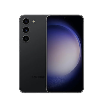 Refurbished Samsung Galaxy S23 in Phantom Black with vibrant display.