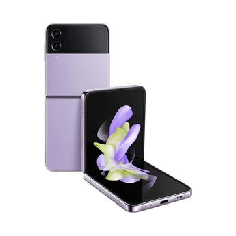 Refurbished Samsung Galaxy Z Flip4 in bora purple finish, showcasing its durable design and innovative foldable screen.